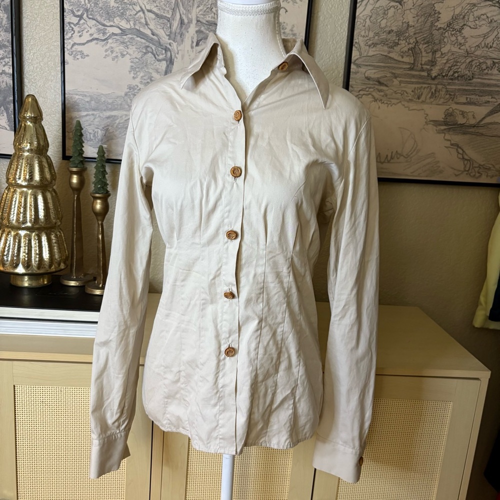 JENNI KAYNE Tan Pleated Button Down Shirt Accent Button Size Small Rare